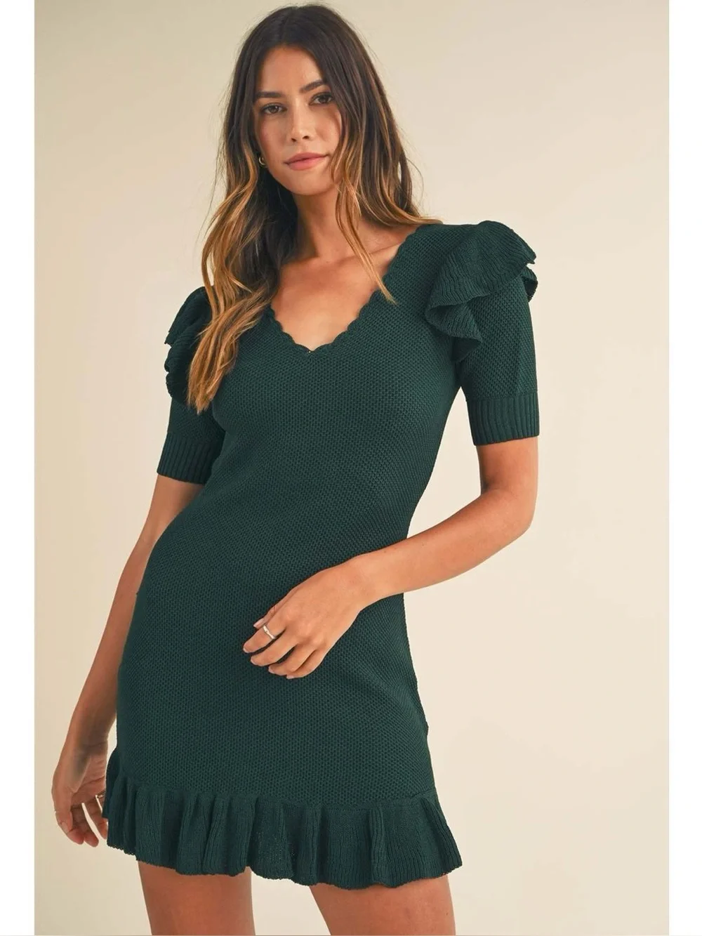 NWT Mable Green Faith Shoulder Ruffle Knit Dress Large